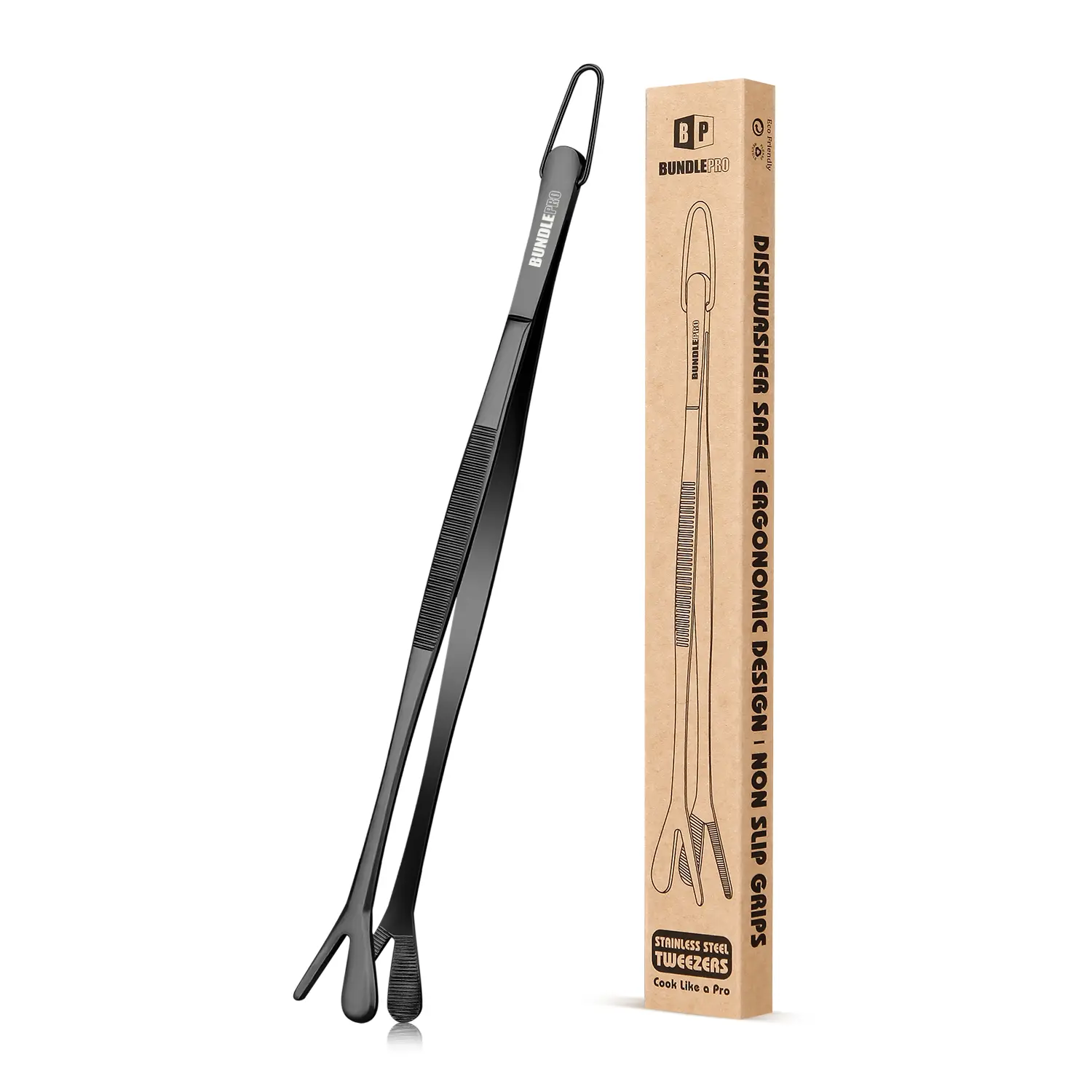 Fine Long Tweezers Tongs Professional Black, 12-Inch Stainless Steel kitchen tweezer for Kitchen, Food, Cooking, Repairing, Sea food and BBQ Utensils