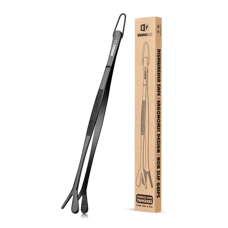 BUNDLEPRO Professional 12-Inch Long Stainless Steel Tongs Set - Durable Kitchenware with Steady Fine Teeth, Pointed & Round Tips, Dishwasher Safe for Barbecue Cooking Kitchen, BBQ & Roasting Use, Caviar Kernel Picking