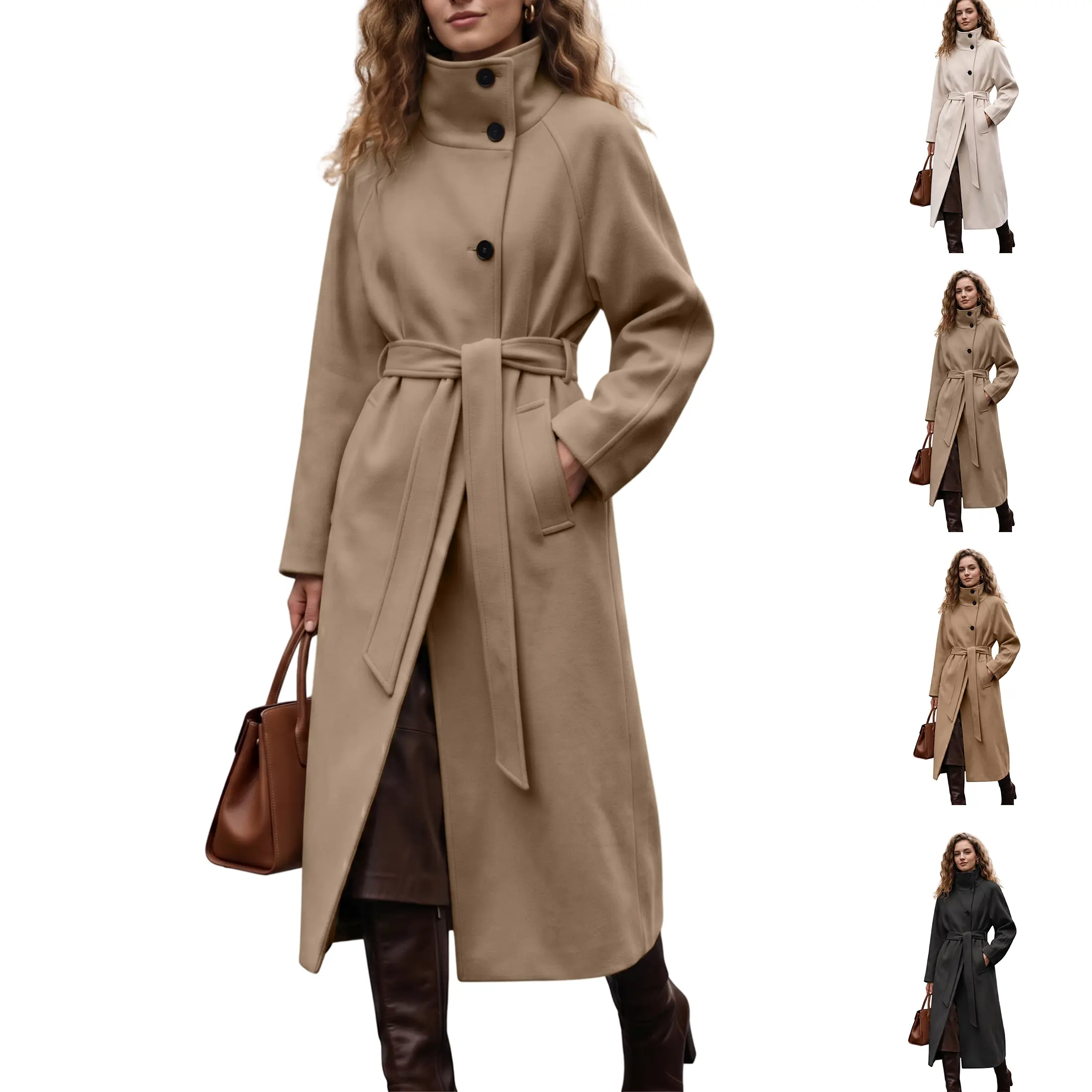 Wandal Women Funnel Neck Wool Blend Long Coat Belted Midi Single Breast Winter Office Commute Elegant Outerwear OOTD