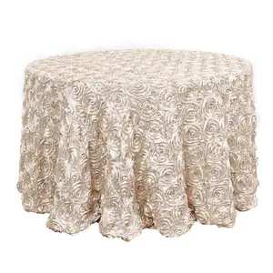 Satin 120" Round Tablecloth Beige - Grandiose 3D Rosette with Seamless Finish Table Cover