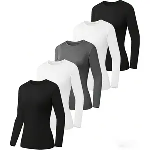 5 Pack Women's Basic Long Sleeve Crew Neck T-Shirts, Slim Fitted Solid Base Layer Tops, Soft Stretch Undershirts for Daily & Underscrub Wear