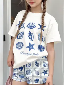 Teen Girls Casual Shell & Beach Pattern Short Sleeve Round Neck T-Shirt and Shorts Set, Perfect for Summer Vacation, Clothes Kids