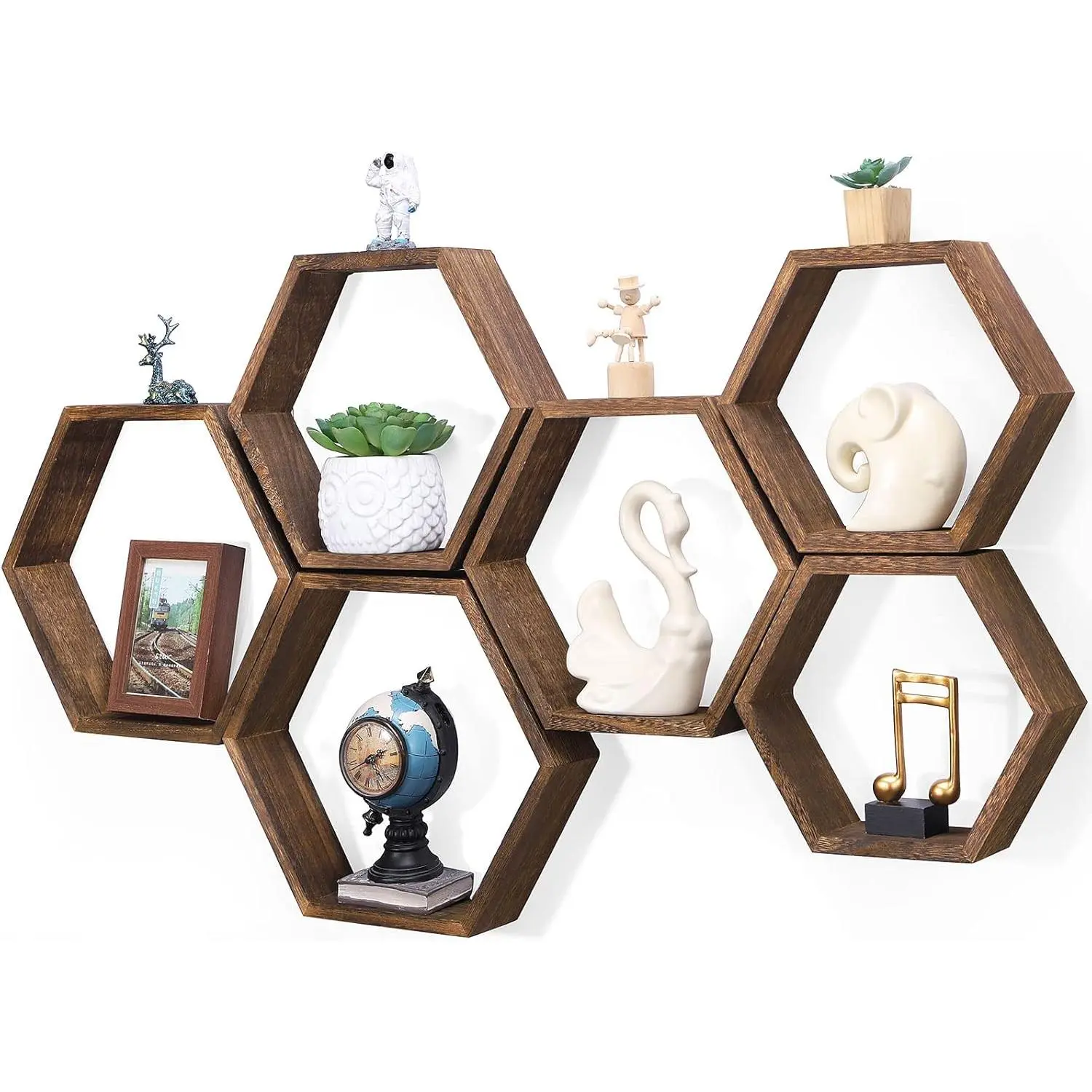 6-Piece Brown Honeycomb Wall-Mount Accent Shelves, Vintage Rustic Lightweight Wooden Floating Storage, Home Decor Supplies for Bedroom, Restaurant, 6-Piece Set In Brown, Rustic Home Decor