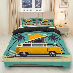 3PCS Duvet Cover Set, 1 Duvet+2 Pillowcases(Without filler), Retro Beach Van Adventure Sunset Palm Trees theme, Summer bedding set, Vintage Tropical Beach Decor Suitable for bedroom, hotel, vacation home, guest room.