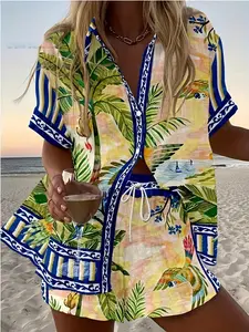 Women'S Stylish Tropical Print Beach Vacation Two-Piece Set - Short Sleeve Blouse with Vibrant Floral Design & Elastic Waist Shorts, Polyester, Casual Loose Fit, All-Season Wear, Casual Attire|Vibrant Print Top|Polyester Fabri