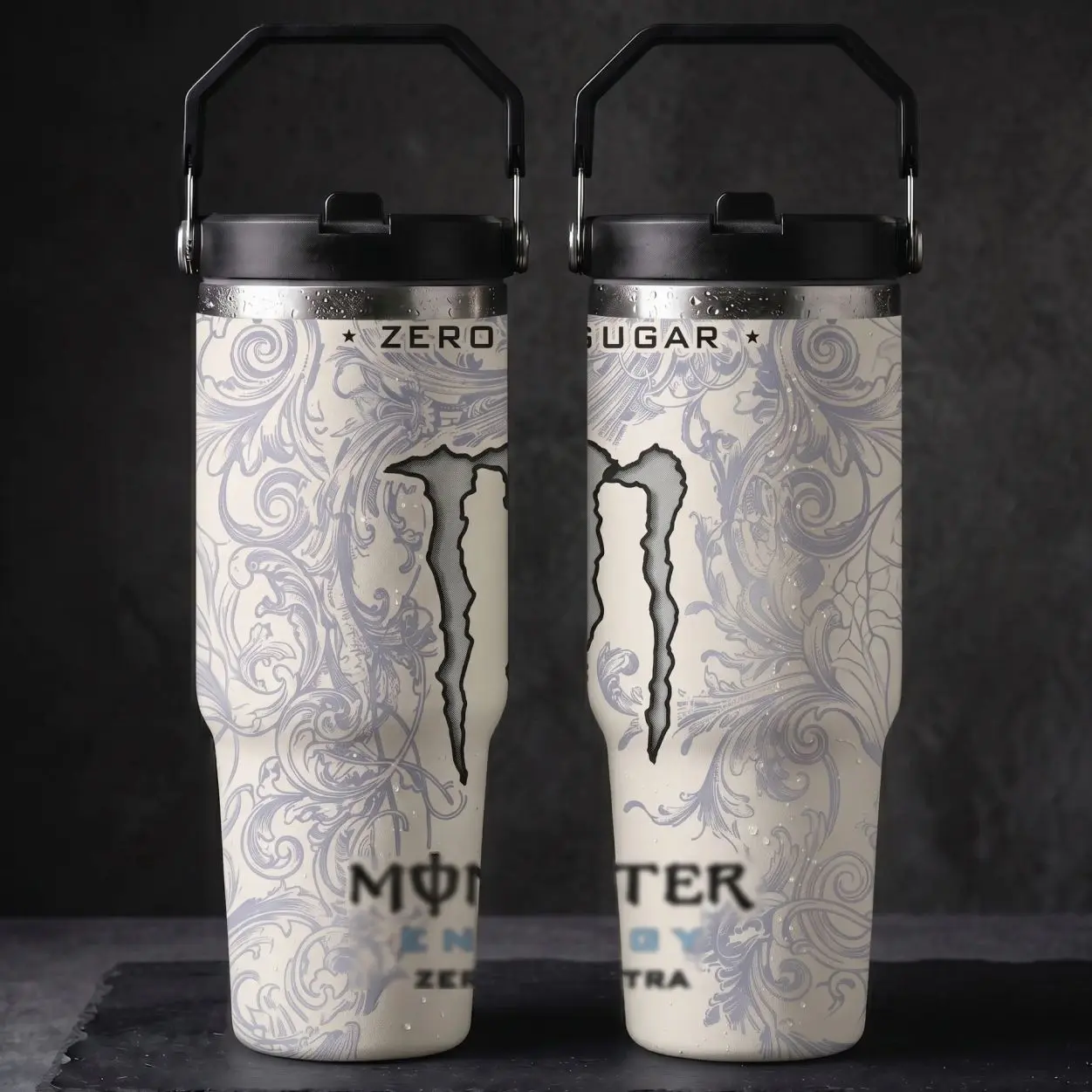 White Mons Energy Drink 40oz/30oz Tumbler with Handle & Straw Insulated Cup