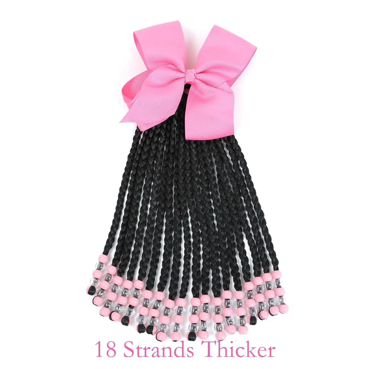 BY-LHDW025  Kids Ponytail Extension With Beads Box Braids Hair Extensions For Kiddie Synthetic Hairpieces With Bows Protective Easy Fashion Hairstyle For Baby Girls Toddler Gift (Pink, Box-9inch)