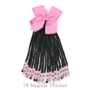 BY-LHDW025  Kids Ponytail Extension With Beads Box Braids Hair Extensions For Kiddie Synthetic Hairpieces With Bows Protective Easy Fashion Hairstyle For Baby Girls Toddler Gift (Pink, Box-9inch)