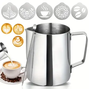 Stainless Steel Milk Frothing Pitcher Set, 12oz/20oz Latte Art Barista Steaming Pitchers, Includes Frother Cup & Stencils, Silver Color