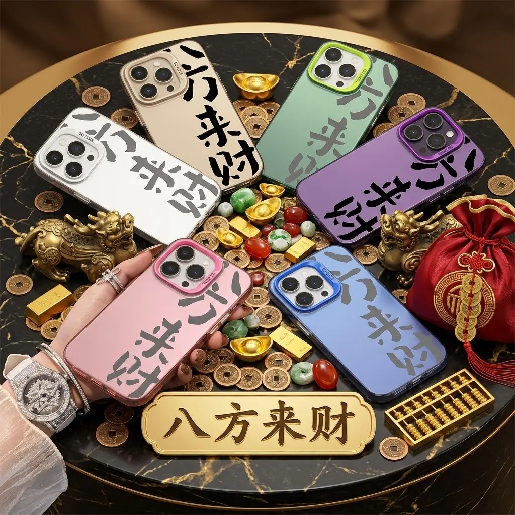 "8-Way Wealth" Lucky Chinese Calligraphy Cover for iPhone 17 Pro Max - Protective, Shockproof, Customized, Aesthetic Premium Streetwear Case with Feng Shui Wealth Magnet, Smartphone Accessory for Protection