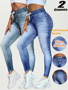 Women High-Waisted Stretchy Printed Denim Drawstring Pants, All-Season Slim Fit Long Trousers, Sporty Casual High-Waist Butt-Lift Breathable，imitation denim fabric, Bottoms, Womenswear