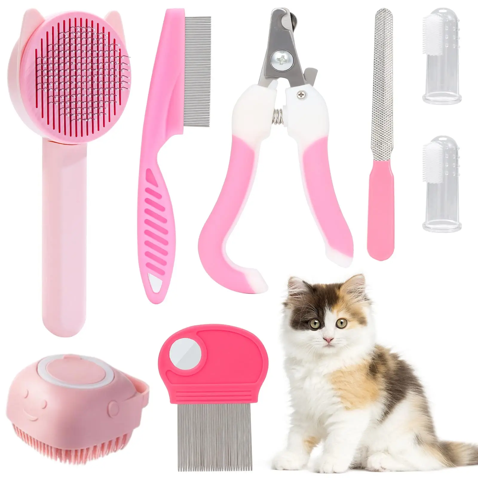 Cat Brush Grooming Kits, Pet Self Cleaning Kit with Pet Nail Clipper and File, Flea Comb, Pet Shampoo Bath Brush, Pet Shedding Brush, Silicone Toothbr