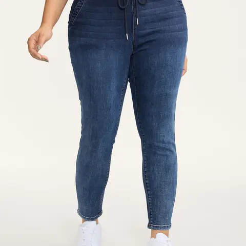 BLOOMCHIC Women's Plus Size High Waist Vintage Skinny Denim Bottoms - Medium Wash Lived-In Blue, Curvy Style, Tummy Control, Stretchy Denim Style Stretch Cotton-Spandex Blend Garment, Drawstring Tie, Slanted Pockets, M-6X, Summer Wear，SohoChic
