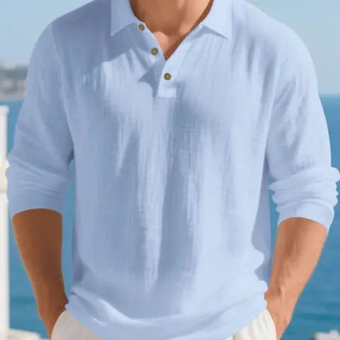 New Fall Linen Men's Long Sleeve Polo Shirt, Collared Shirts, American Style Casual Loose Fit Lightweight Heavyweight T-Shirt, Comfortable and Stylish, Relaxed Fit Shirt, Casual Apparel