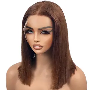 idoli 13X4  #4 Brown Bob Wig   Lace Frontal Wigs Pre Plucked With Baby  100% Unprocessed HD Transparent Blunt Cut Chocolate Brown Bob Lace Front Wigs