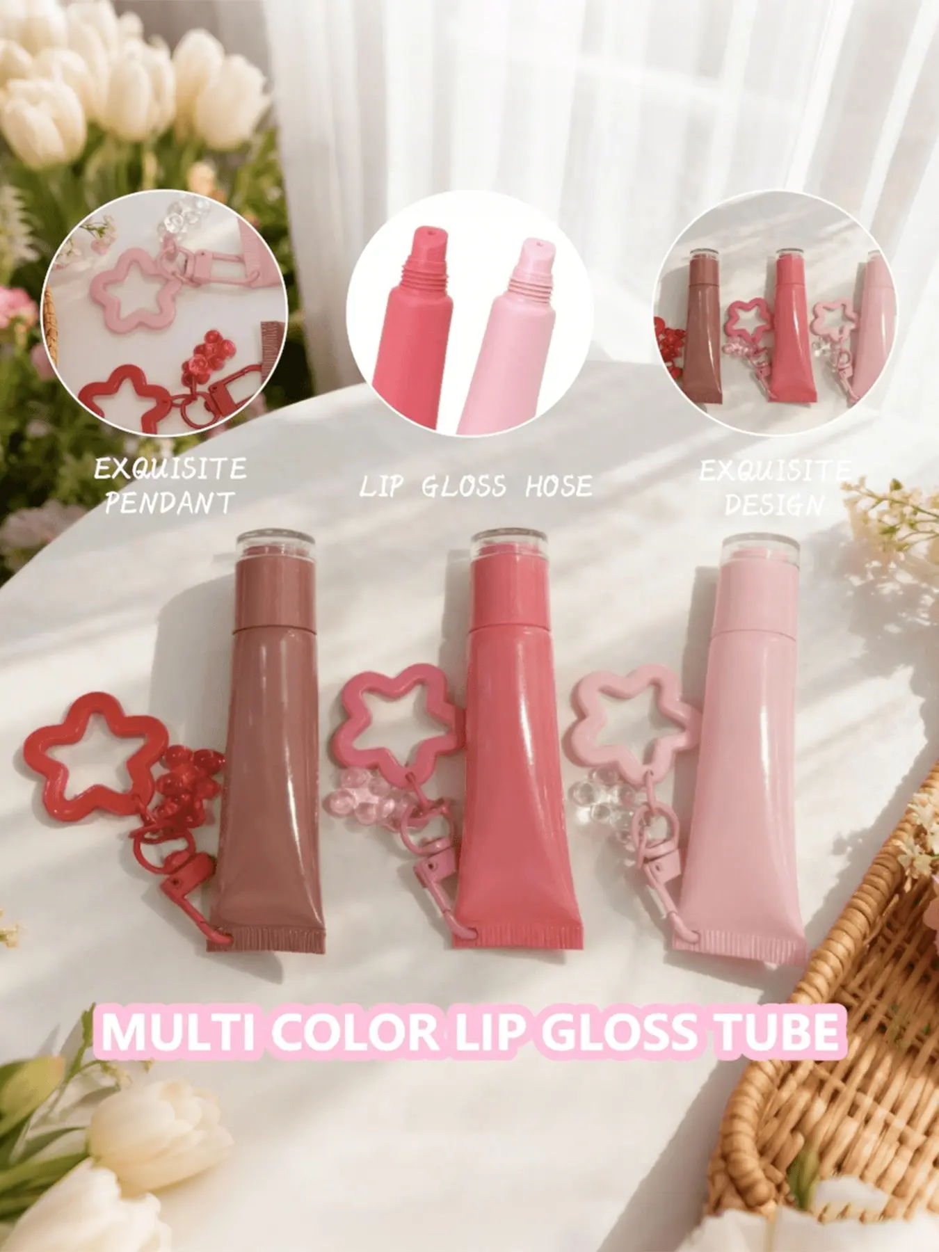 Lip Glossy Keychain Set, Lip Balm Tube, Bear Pendant and Star Keyring, Fashion Beauty Accessory, Perfect Gift for Ramadan, Eid, Valentine's Day, Birthday