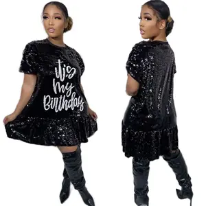Comfort It's My Birthday Sequin Ruffle Bottom Casual Womenswear Sleeveless Summer Boutique Crewneck Dress in Silver with Plus Size Options Style Red Formal Shortsleeve