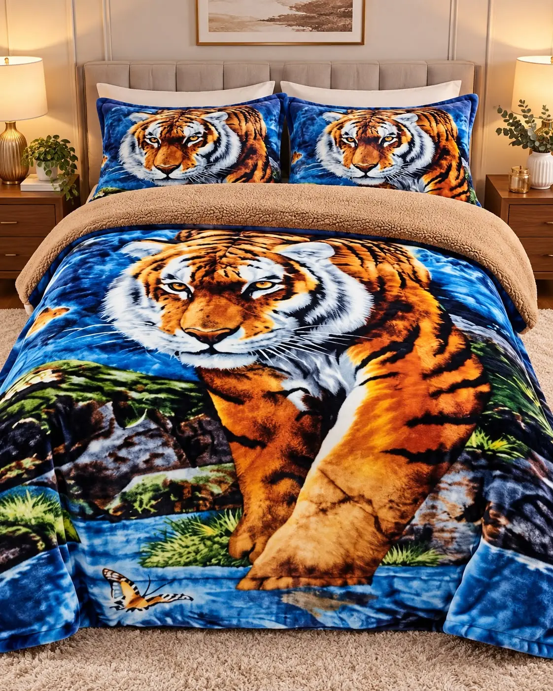 3pc sherpa Blanket set- ORIGNAL TIGER CALI KING FITS KING