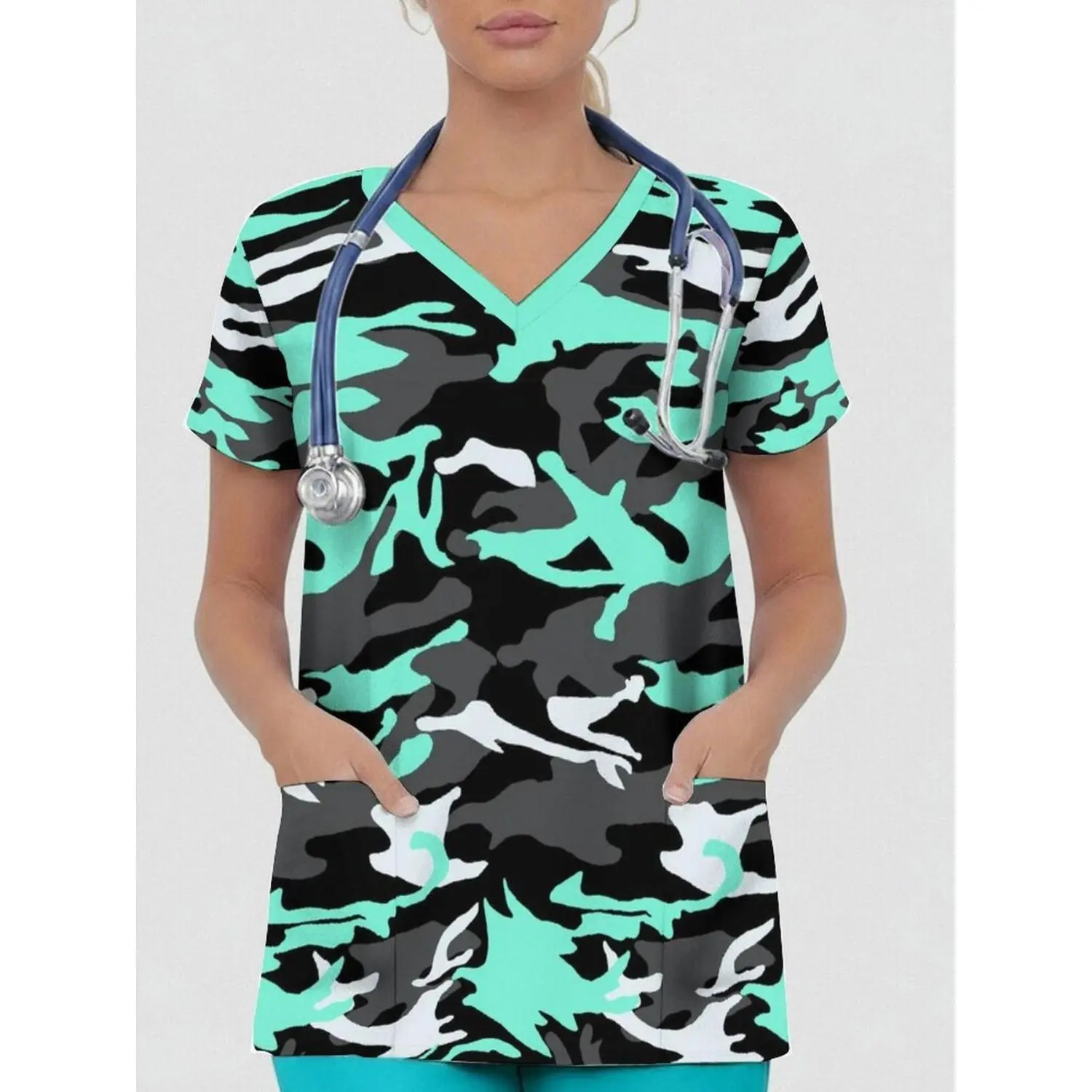 Special Price Plus Size Women's V-Neck Printed Pocket Nurse T-Shirt - Stylish & Elegant Casual Fashion Scrub Top