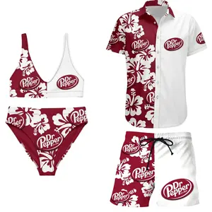 Dr Pepper Matching Swimwear for Couples, Red and White Hawaiian Floral Bikini Set with Men Beach Shorts for Pool Party and Honeymoon, Gift for Beach Lovers