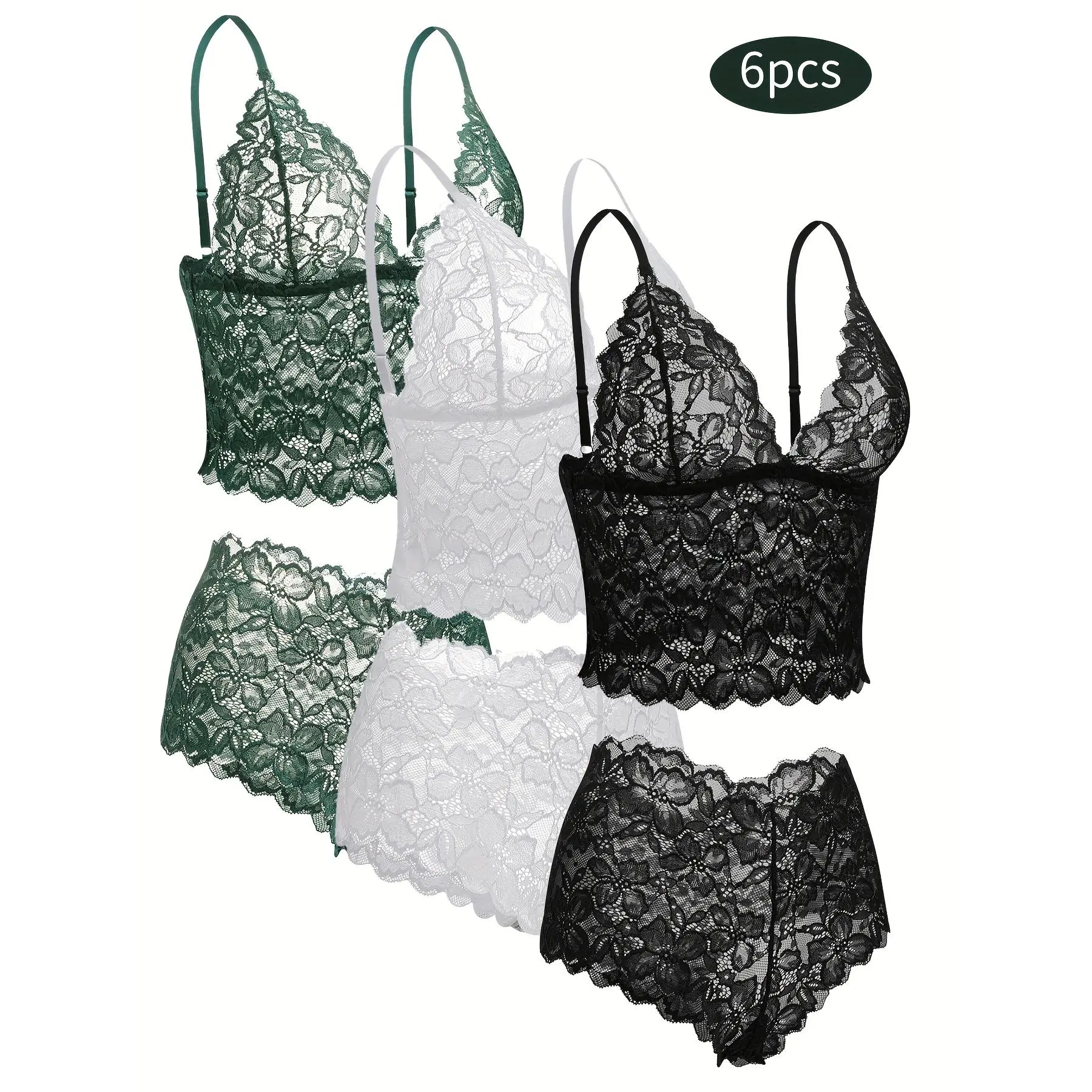 6-Piece Set Women's Sexy Transparent Lace Nightwear Lingerie Set  High-Waisted Breathable Fun Bra and Panty Six-Piece Set, Romantic Style!
