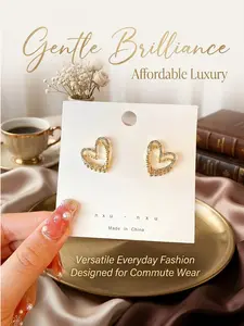 1 pair of double-layer hollow heart crystal earrings, featuring exquisite geometric design, zinc alloy, compact and lightweight, Bohemian style earrings, cute and elegant, perfect for daily wear, vacation, gifting, or celebrating summer