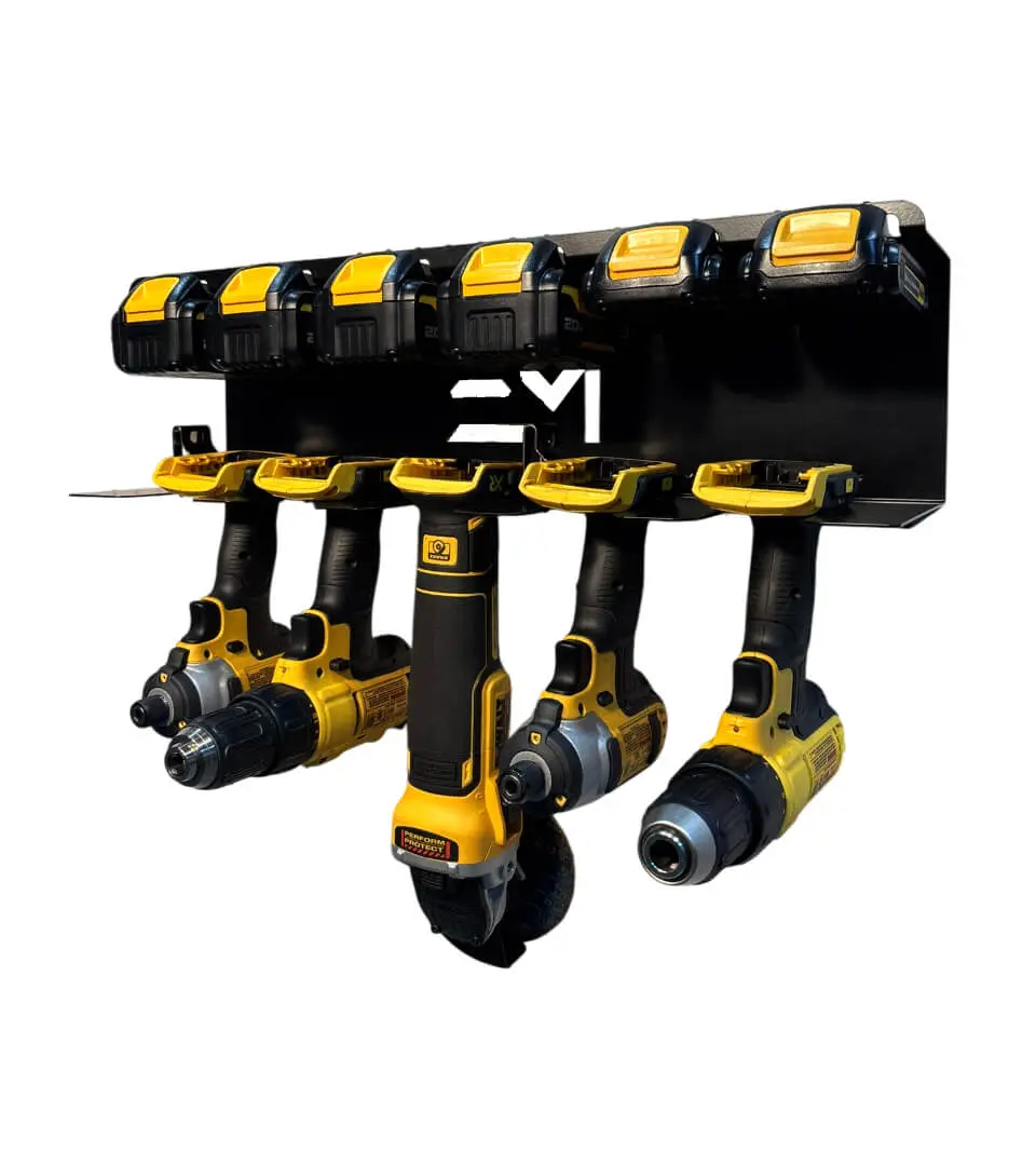 Drill and Battery Shelf compatible with Dewalt 20v - Rust-Resistant Satin Black Wall-Mounted Organizer for 5 Tools & 6 Batteries