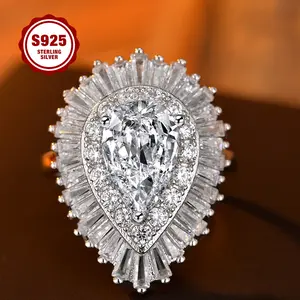 925 sterling silver ring, pear-shaped zirconia, halo setting, luxurious full CZ sunflower shape, suitable for weddings, as a gift for your girlfriend, daily wear, comes with a gift box