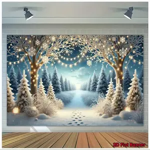 2D Flat Banner, 1pc Winter Wonderland Snow Scene with Twinkling Lights Backdrop - Large Polyester Fabric Banner, Self-Lit Snowy Forest with Glowing Fairy Lights & Snowflakes, No Electricity Needed for Indoor/Outdo