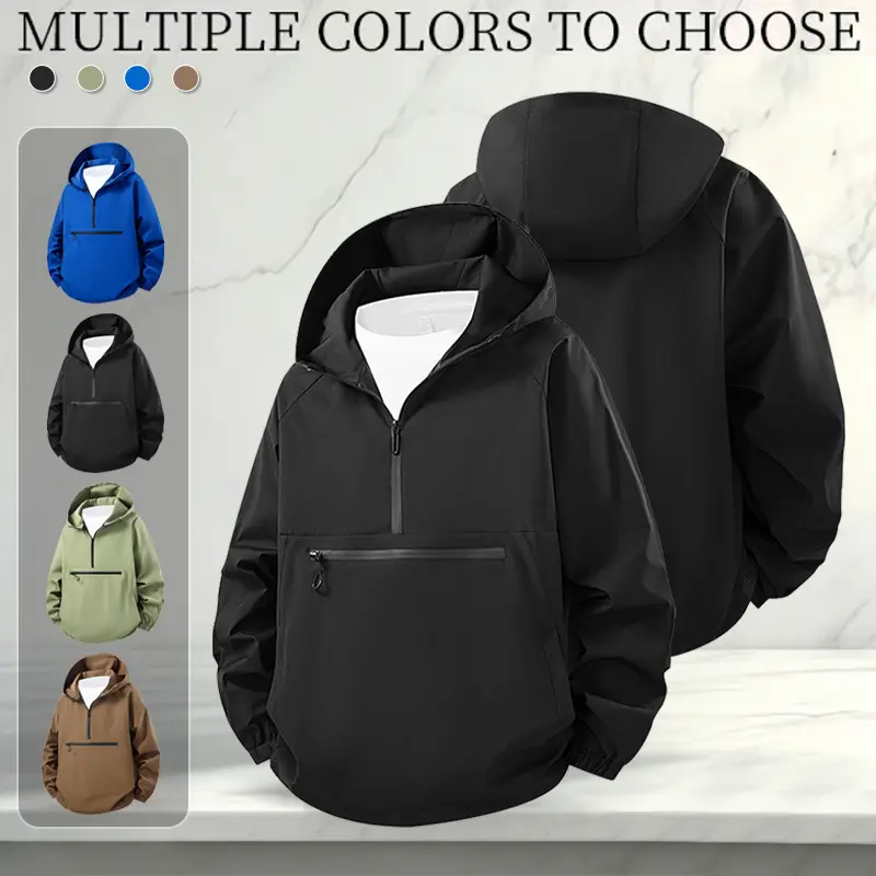 Men’s half-zip hooded pullover softshell jacket, waterproof shoulder sleeves, windproof outerwear fabric, lightweight water-resistant material, elastic cuffs, curved loose hem