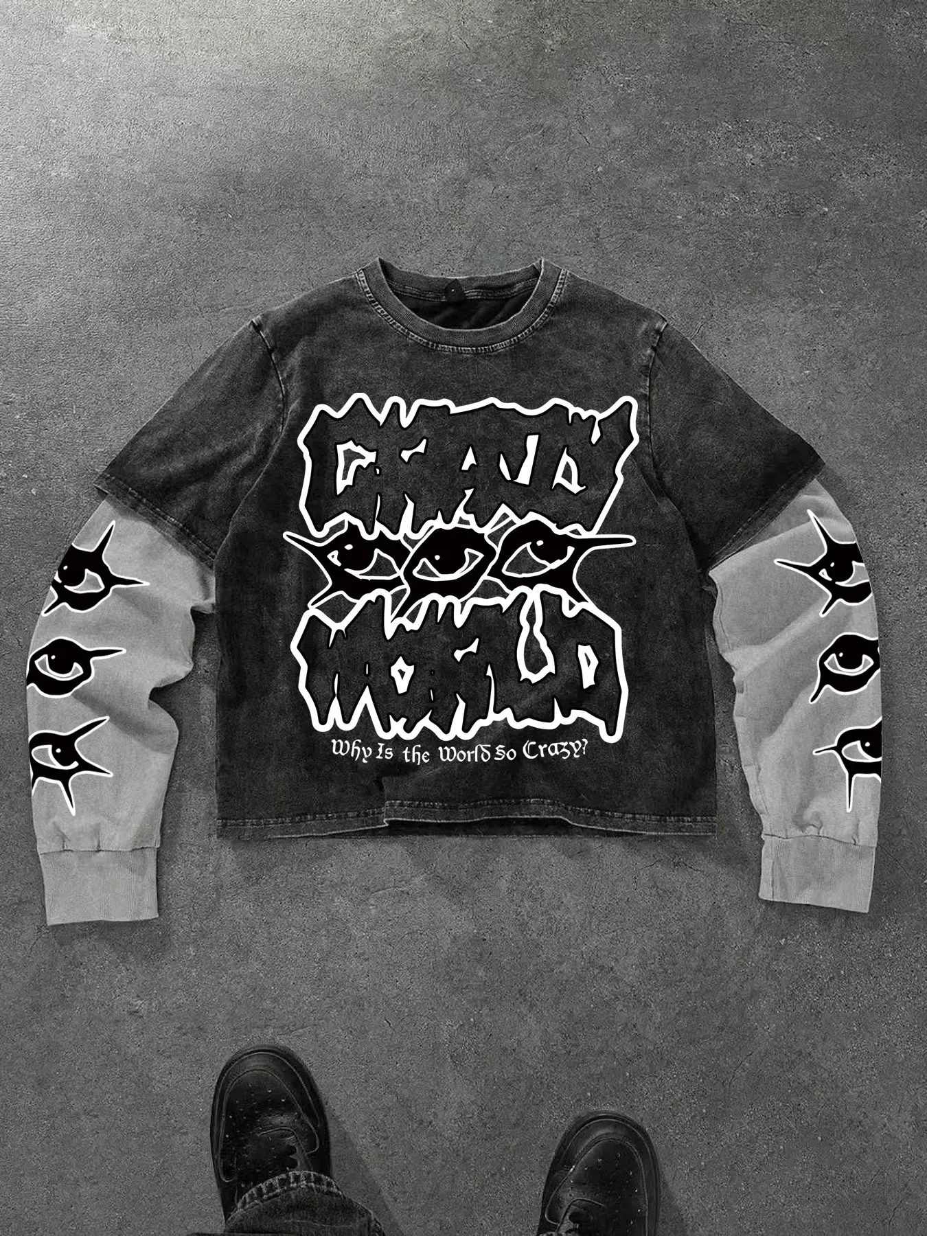 Y2K Grunge Acid Wash Layered Long Sleeve T-Shirt | Crazy World Eye 