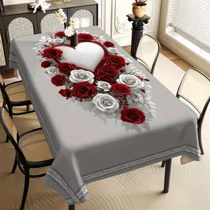 1pc Classic Polyester Rectangular Tablecloth, Elegant Rose & Foliage Print Design, Suitable for Home Dining, Wedding Festive Decorations,summervibes