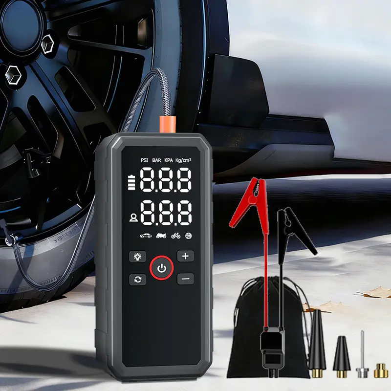 6000mAh Portable Car Jump Starter Air Compressor Wireless USB C Rechargeable with Power Bank LED Light 3 Lighting Modes Compact Lightweight Quick Inflation Tool for Cars Motorcycles Bikes Phones Home Road Trip Emergency Use
