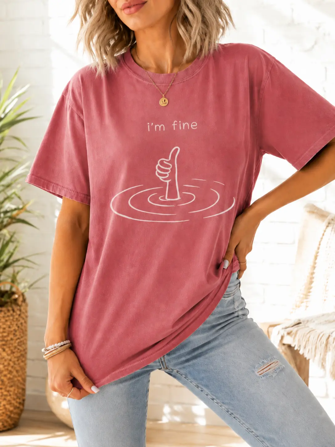 Comfort  Colors Vintage I'm Fine T-Shirt, Sarcastic Humor Tee, Funny Mental Health Therapy Gift, Drowning Graphic Top, Sad Girl Aesthetic -Tiffany Graphic Tee