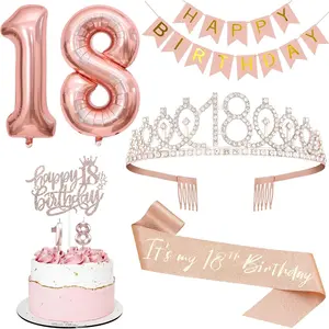 18th Birthday Decorations Set Including 18th Tiara and Sash Happy Birthday Banner Cake Toppers Number Candles and Balloons Set Rose Gold