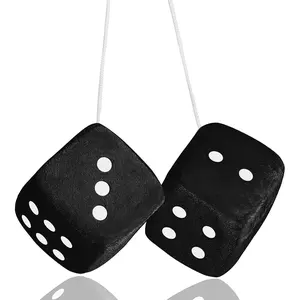 Black Fuzzy Dice for Rear View Mirror - 2.75 Inch Pair of Plush Retro Square Hanging Dice with White Dots for Cute Car Decoration Ornament