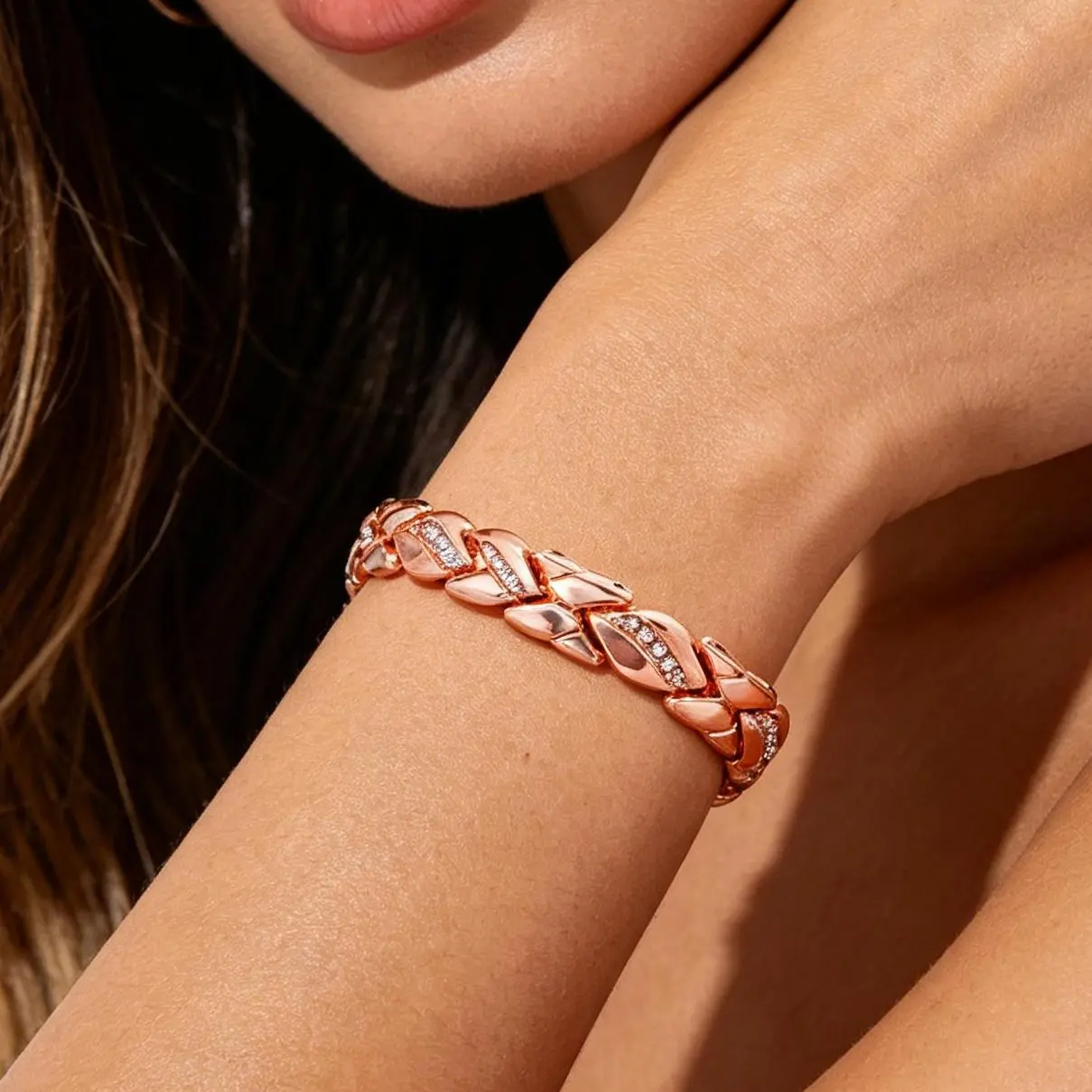 Copper permanent Bracelets for Women 99.99% energy Bracelet for Pain Relief Magnets Leaf & Four Leaf Clover Design with Cubic Zirconia 18K Gold Plated Rose Gold Silver Adjustable stainless steel Jewelry mother's Day Gift, Arm Candy Accessories Anniversary