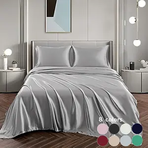Solid Color Silky Satin Bedding Set, 3/4 Counts Including 1 Flat Sheet, 1 Fitted Sheet, and 1/2 Pillowcase without Filler, Soft Mattress Protector, Room Accessories, Satin Bed Sheets