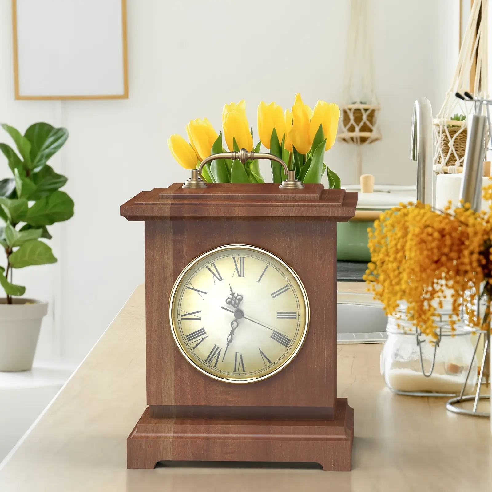 Vintage Dark Brown-1 Wooden Mantel Analog Clock, Lockable Hidden Safe, Silent Swiss Quartz Movement, Golden Handle, Grandfather-Style Indoor Living Room Tabletop Home Decor (Battery Not Included)