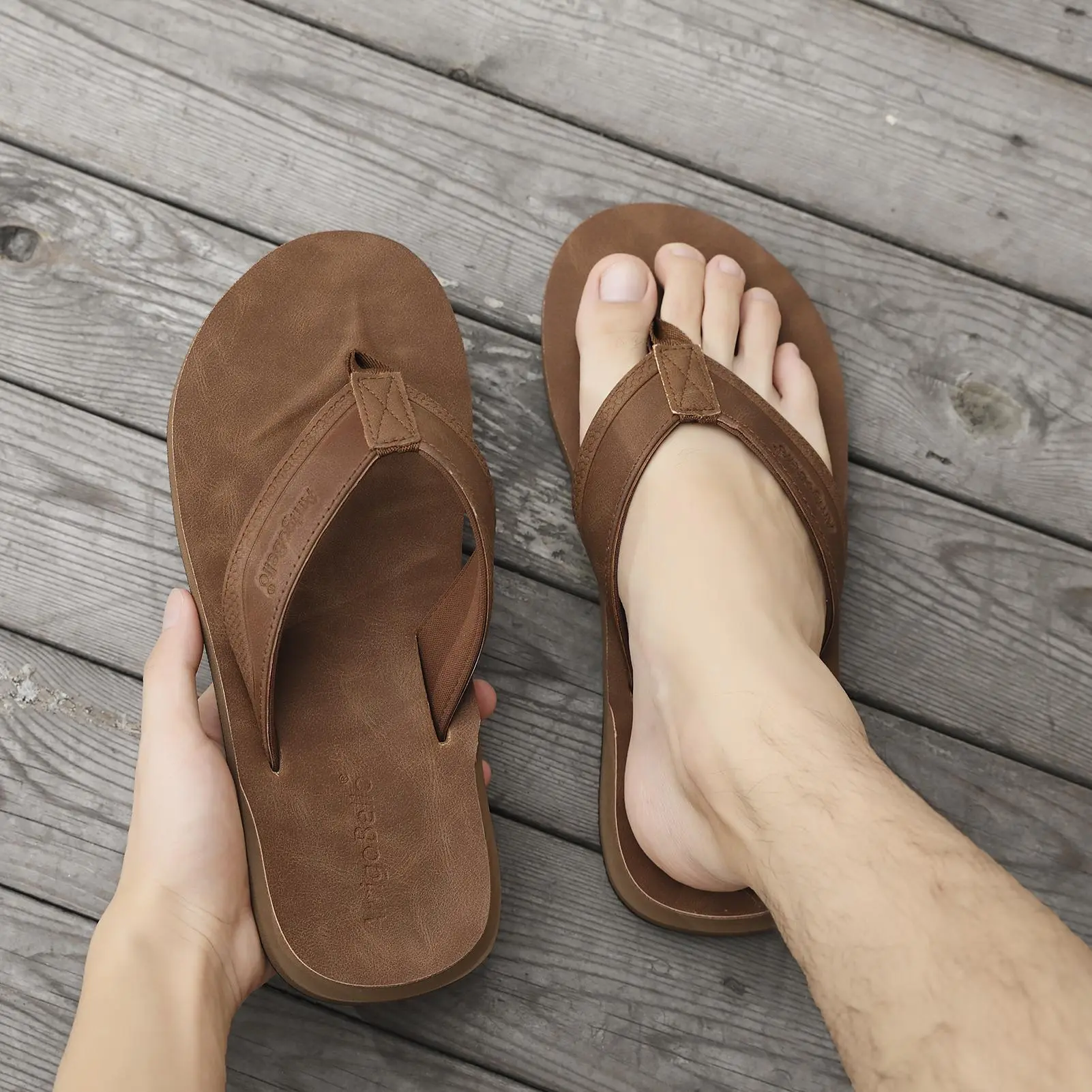 Men\'s Light Brown Flip Flops With Arch Support Summer Outdoor Beach Sandals Alpine Swiss Trey Mens Flip Flops | Cushioned Thong Beach  main image 3