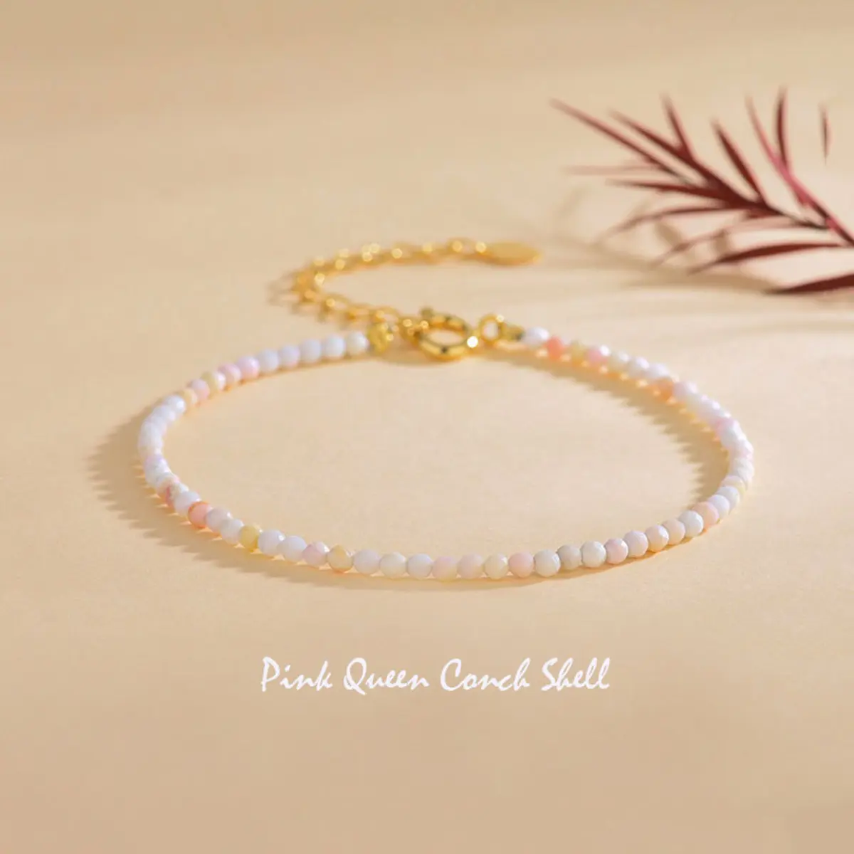 Women's Blush Pink Queen Conch Shell Bracelet - 2.5mm Handmade Faceted Beads, Adjustable Boho Style Bangles