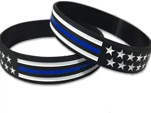 2pcs Thin Blue Line American Flag Police Bracelet - Blue Lives Matter Silicone Rubber Wristband Band Set for Police Officers, Support Law Enforcement