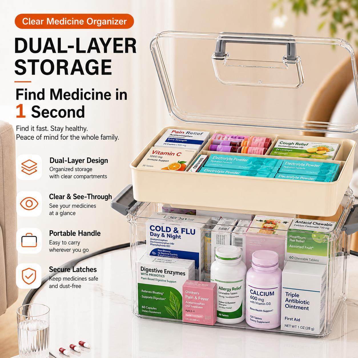 UFORU Modern Large Capacity Rectangle Medicine Organizer Box, Eco-Friendly Home Storage Bin, Double Layer Transparent PET Case with Handle, Snap-Seal Dryness Dust & Insect Block Moisture-Proof First Aid Kit - Suitable for Home/Travel