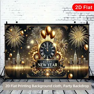 1pc 2D Flat Elegant New Year Banner Backdrop - Golden Fireworks Clock, Black & Golden Happy New Year Decoration - Polyester Fabric Photo Booth, Wedding, Birthday, Anniversary
