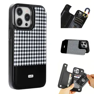 Creative Black and White Checkered Pattern Leather Card Holder Phone Case, Suitable for iPhone 17 Air/16 Plus/15 Pro Max/14 Pro/13/12/11/XS Max/X Phone Case, Perfect Gift for Thanksgiving and Christmas for Family, Friends, Lovers, Boyfriend, Girlfriend