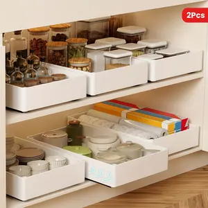 [Pull-Out Cabinet Organizer] 2Pcs Pull-Out Type Cabinet Organizer - No-Punch, Removable Slide-Out for Kitchen, Bathroom, Pantry, Cabinets - Open Storage Bins