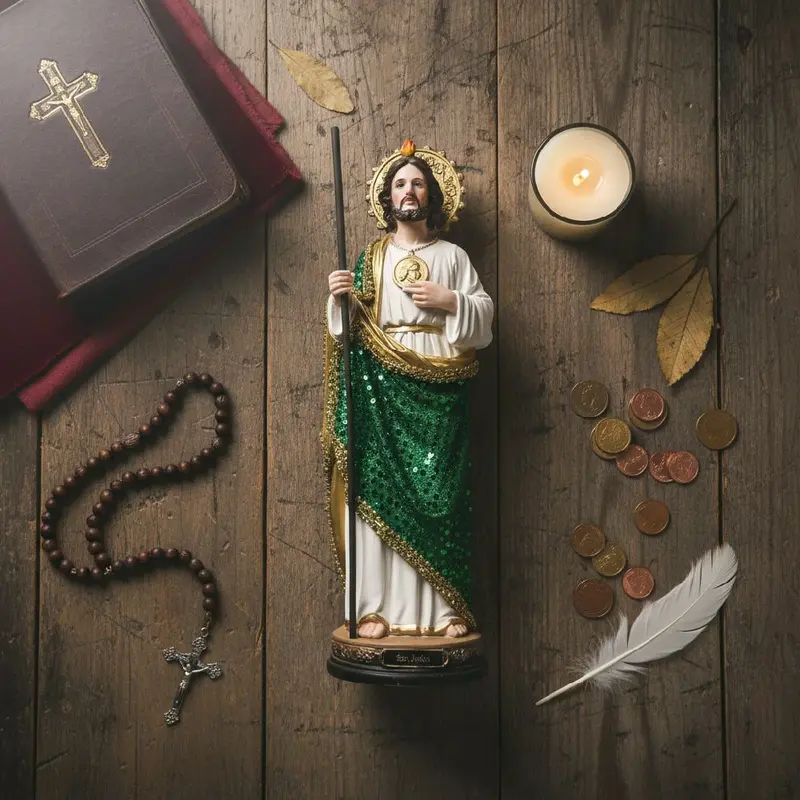 San Judas Tadeo Statue 16" - Patron of Impossible Causes Spiritual Protection with Green Mantle & Gold Accents for Altars Home Protection Religious