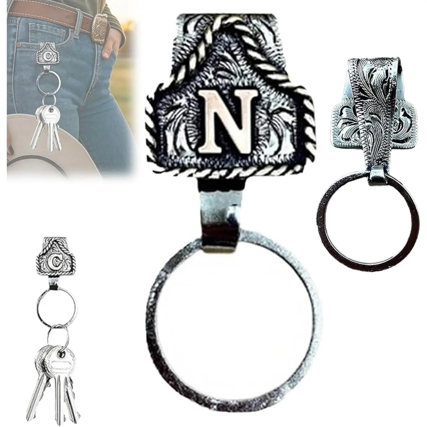 Vintage Western Initial Key Clip, 26 Alphabet Letter Cow Tag Belt Key Holder, Retro Pocket Jean Keychain for Men Women