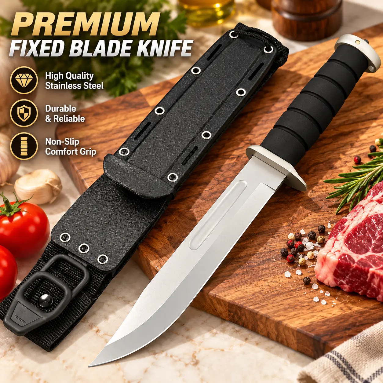 Premium Kitchen Knife with Stainless Steel Blade, Non-Slip Handle and Storage Sheath – Household Knives for Cutting Meat, Vegetables