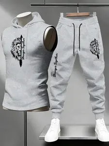 Men's Fitness Power Lion Hooded Sleeveless Vest Set, Graphic Tracksuit, Seamless Fit for Gym Training, Streetwear, Outdoor Activities, Versatile Sportswear